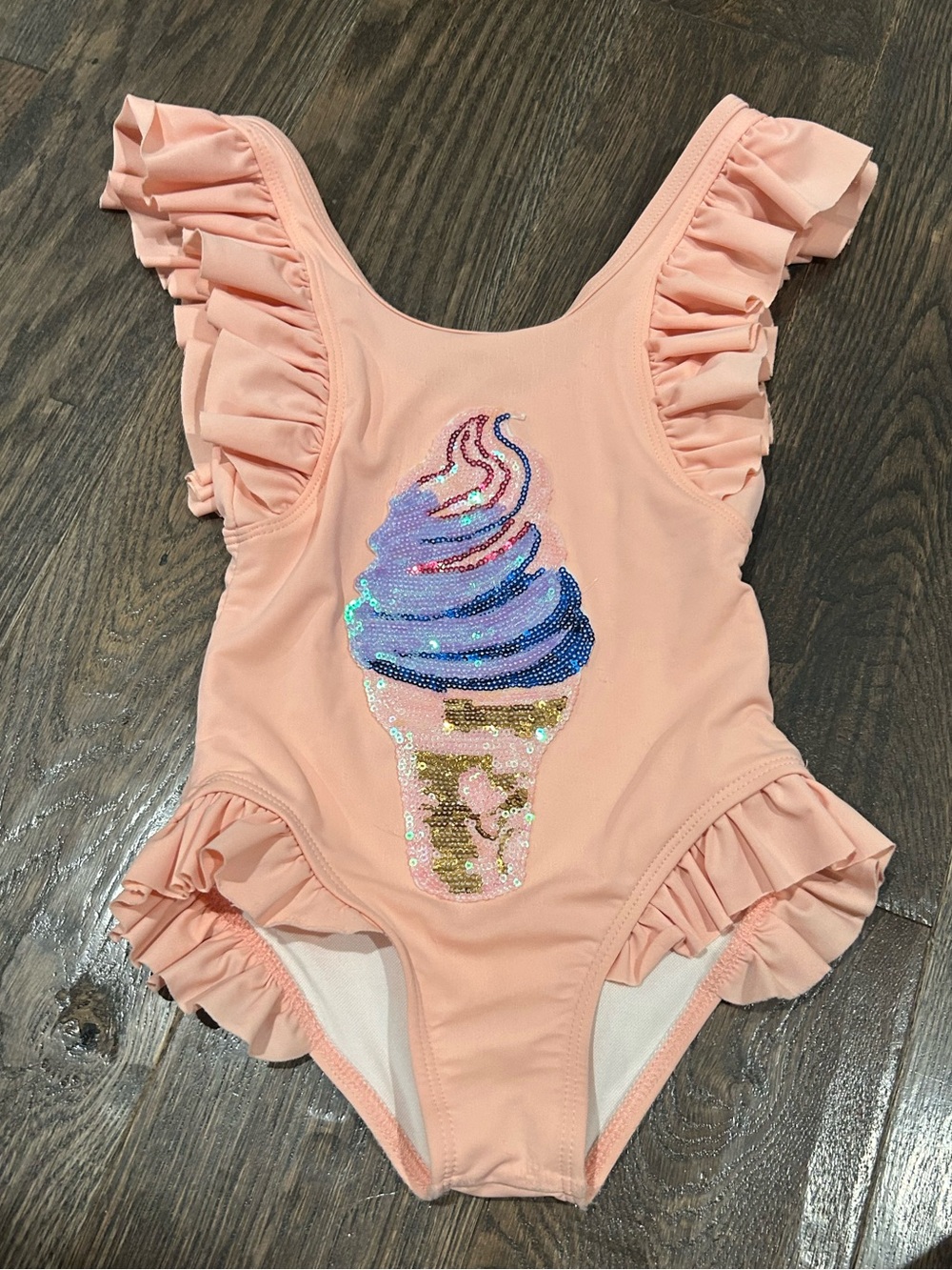Lola + The Boys Peach Ruffle One-Piece Swimsuit with Iridescent Sequin Ice Cream